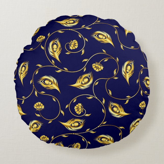 Pfau-Sari-Muster Rundes Kissen (Vorderseite)