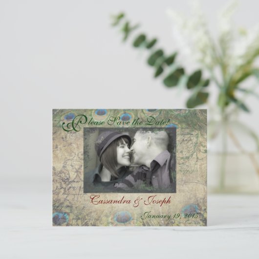 Pfau Save the Date Foto Postkarte (Stehend Vorderseite)