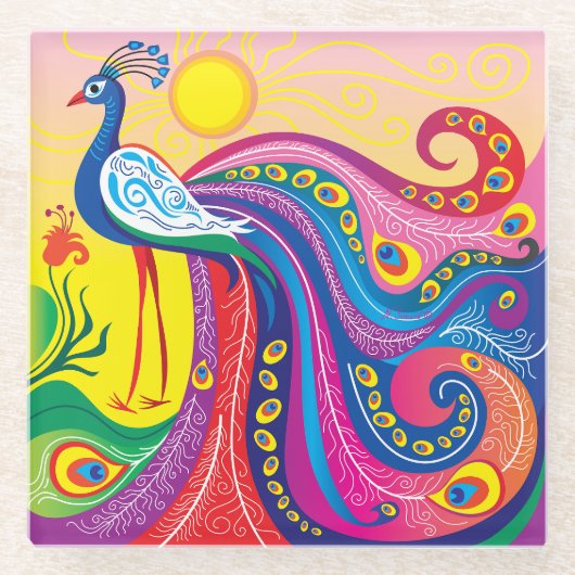 Pfau-Sonnenaufgang Glasuntersetzer (Vorderseite)