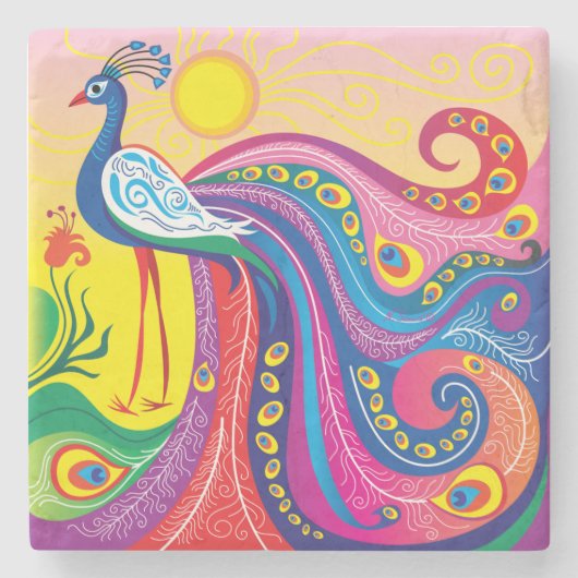 Pfau-Sonnenaufgang Steinuntersetzer (Vorderseite)