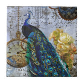 Pfau Steampunk Gelbe Rose Uhrwerke Fliese (Vorderseite)