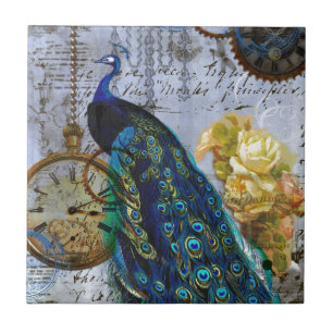 Pfau Steampunk Gelbe Rose Uhrwerke Fliese