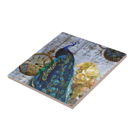 Pfau Steampunk Gelbe Rose Uhrwerke Fliese (Seite)