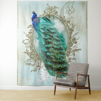 Pfau Türkis Vintage Shabby Vogel Wandteppich