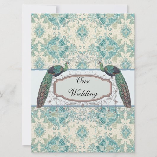 Pfau und aquamarine Damasehe Einladung (Vorderseite)