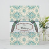 Pfau und aquamarine Damasehe Einladung (Stehend Vorderseite)