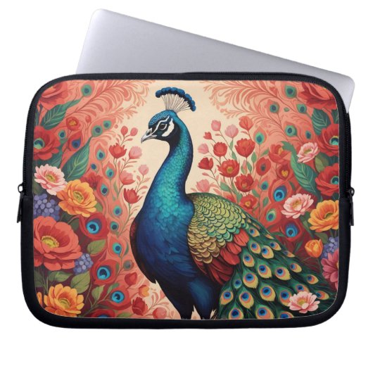Pfau und Blumen Laptopschutzhülle (Vorderseite)