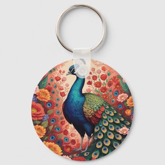 Pfau und Blumen Schlüsselanhänger (Vorderseite)