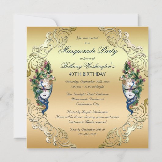 Pfau und Federn Maske Gold Masquerade Party Einladung (Rückseite)