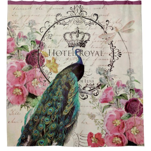 Pfau und Frühlingsblumen Duschvorhang (Vorderseite)