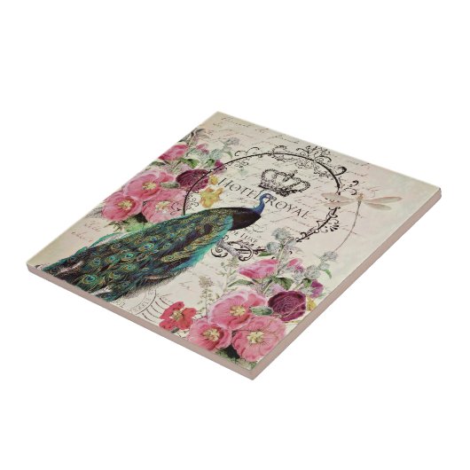 Pfau und Frühlingsblumen Fliese (Seite)