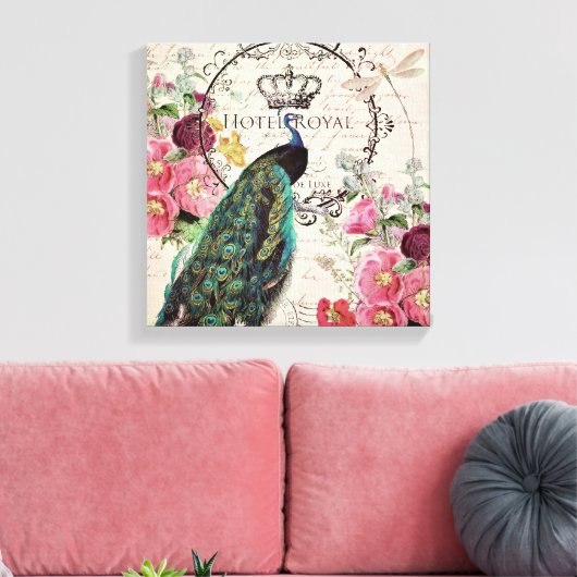 Pfau und Frühlingsblumen Leinwanddruck (Insitu (Wohnzimmer))