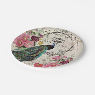 Pfau und Frühlingsblumen Pappteller