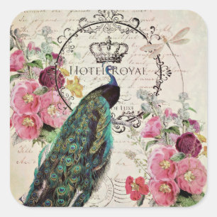 Pfau und Frühlingsblumen Quadratischer Aufkleber