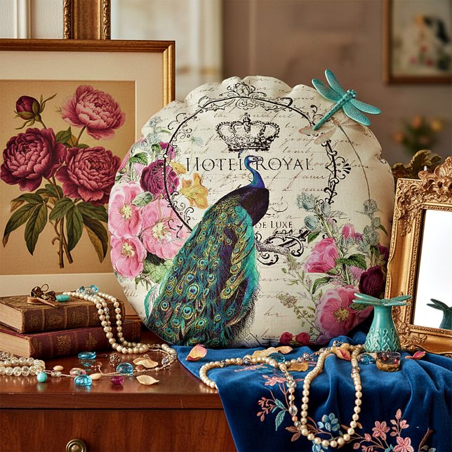 Pfau und Frühlingsblumen Rundes Kissen (Von Creator hochgeladen)