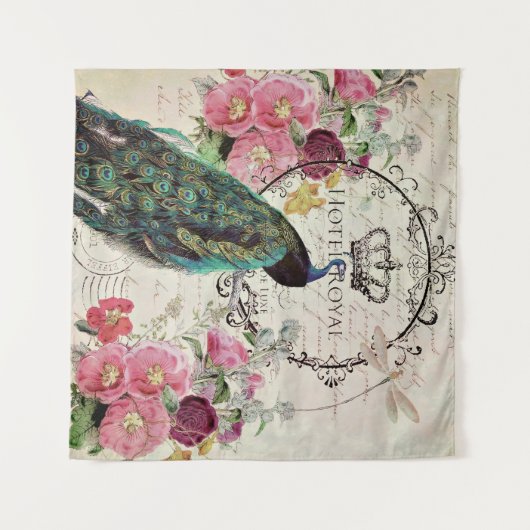 Pfau und Frühlingsblumen Wandteppich (Vorderseite (Horizontal))