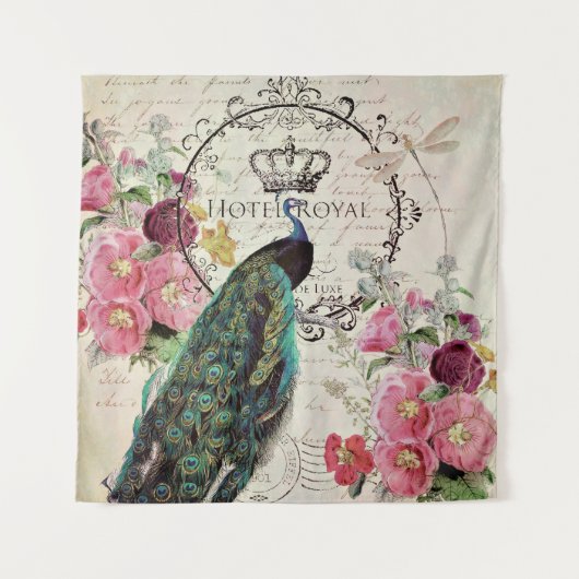 Pfau und Frühlingsblumen Wandteppich (Vorderseite)