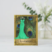 Pfau und goldgrünes Party Einladung (Stehend Vorderseite)