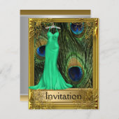 Pfau und goldgrünes Party Einladung (Vorne/Hinten)