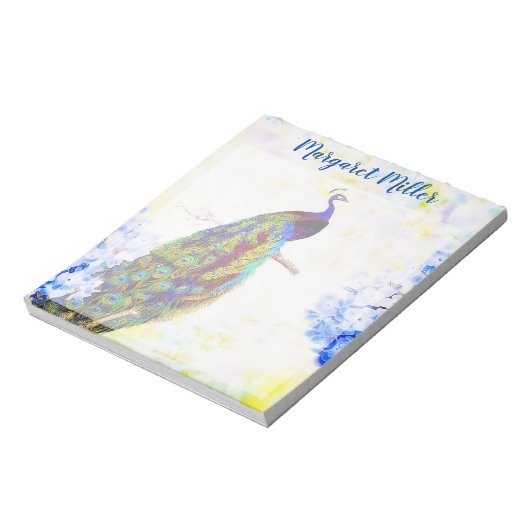 Pfau und Hydrangea personalisiert Notizblock (Rotiert)