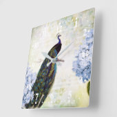 Pfau und Hydrangea Quadratische Wanduhr (Winkel)