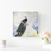 Pfau und Hydrangea Quadratische Wanduhr (Zuhause)