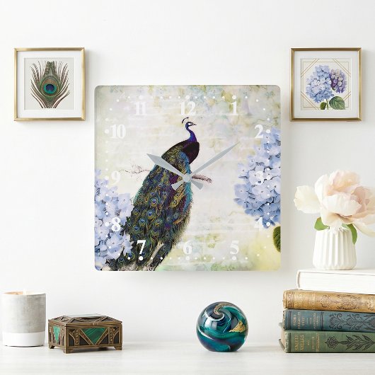 Pfau und Hydrangea Quadratische Wanduhr