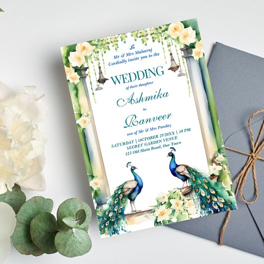 Pfau und Jasmin-Hochzeitsvorlage Einladung