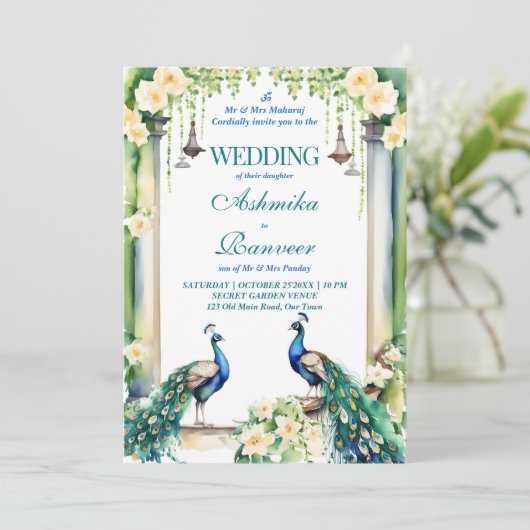 Pfau und Jasmin-Hochzeitsvorlage Einladung (Stehend Vorderseite)