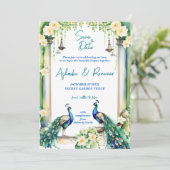 Pfau und Jasmin indische Hochzeit speichern das Da Einladung (Stehend Vorderseite)