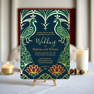 Pfau und Lotus Hochzeit Elegantes Deco Königliches Folieneinladung