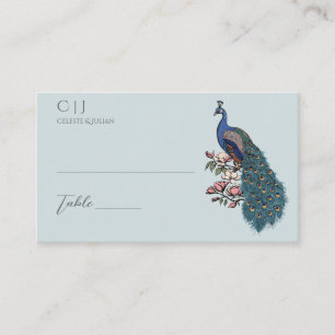 Pfau und Magnolie French Blue Hochzeit Platzkarte