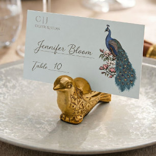Pfau und Magnolie French Blue Hochzeit Platzkarte