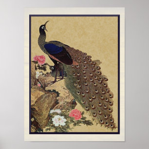 Pfau und Päonien Vintage Japanische Kunst Poster