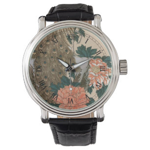 Pfau und Päonien von Hiroshige, Japanische Kunst Armbanduhr