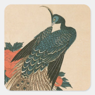 Pfau und Päonien von Hiroshige, japanische Kunst Quadratischer Aufkleber