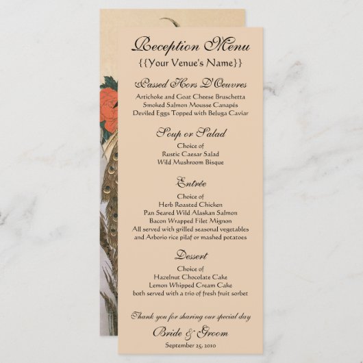 Pfau und Pfaue von Hiroshige Wedding Menükarte (Vorne/Hinten)