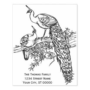 Pfau und Pfauenhenne auf einem Ast Name Rücksendea Gummistempel