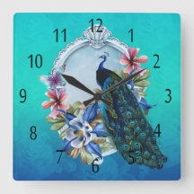 Pfau und quadratische mit BlumenWanduhr