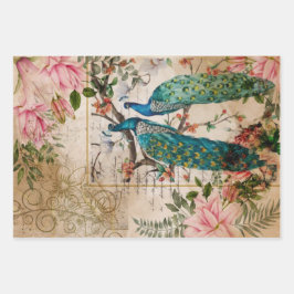 Pfau und Rosa Magnolia Blume Vintag Ephemera Geschenkpapier Set