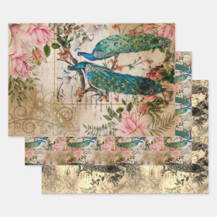 Pfau und Rosa Magnolia Blume Vintag Ephemera Geschenkpapier Set
