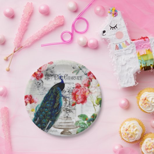 Pfau und Rose Pappteller (Party)