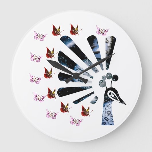 Pfau und Schmetterlinge Große Wanduhr (Vorderseite)