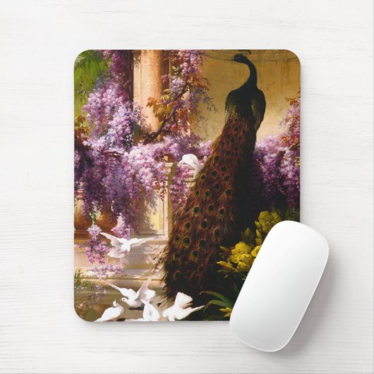 Pfau und Tauben im Garten Mousepad (Mit Mouse)