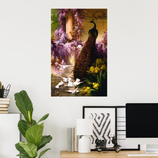 Pfau und Tauben im Garten Poster (Heimbüro)