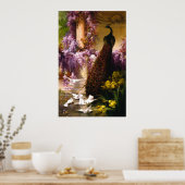 Pfau und Tauben im Garten Poster (Küche)