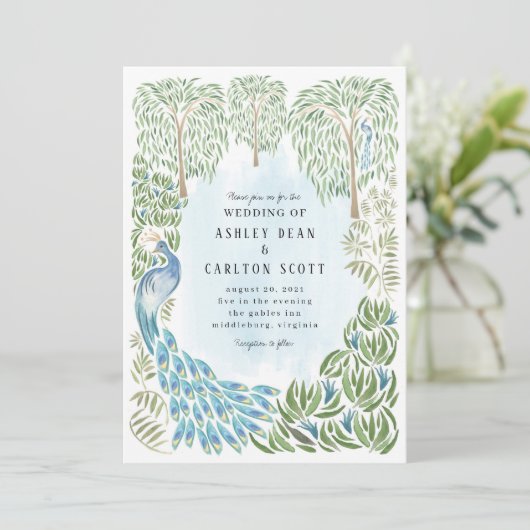 Pfau und Willow Wedite Einladung (Stehend Vorderseite)