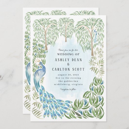 Pfau und Willow Wedite Einladung (Vorne/Hinten)