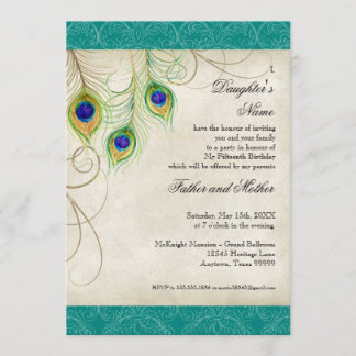 Pfau versieht Aqua-Damast Quinceanera Party mit Einladung