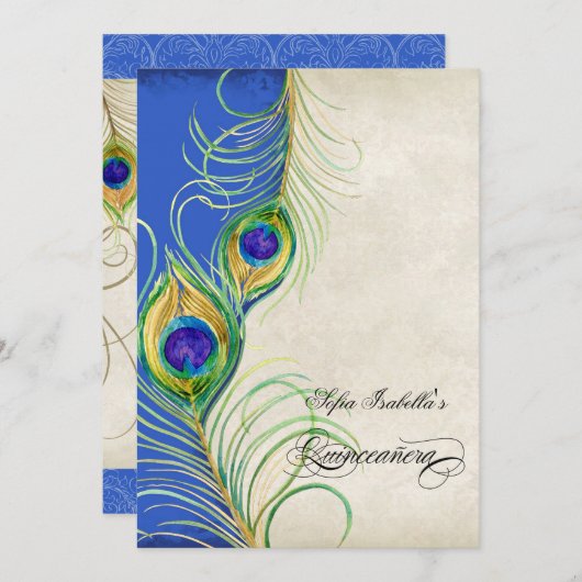 Pfau versieht blaues Damast Quinceanera Party mit Einladung (Vorne/Hinten)